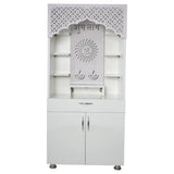 White Wooden Mandir with LED Light & Shubh Labh Design – 130x60x34 cm | Modern Pooja Temple with Storage