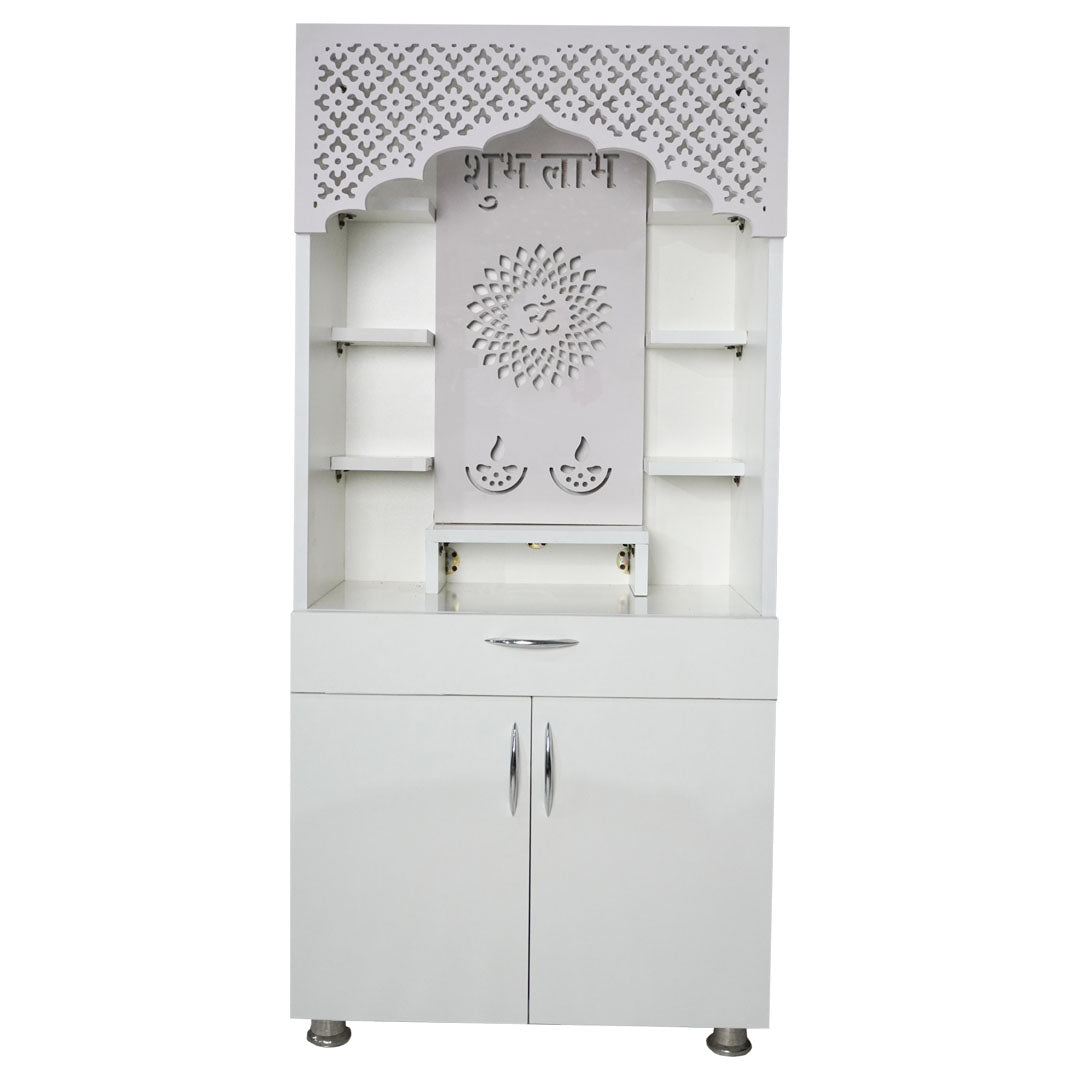 White Wooden Mandir with LED Light & Shubh Labh Design – 130x60x34 cm | Modern Pooja Temple with Storage