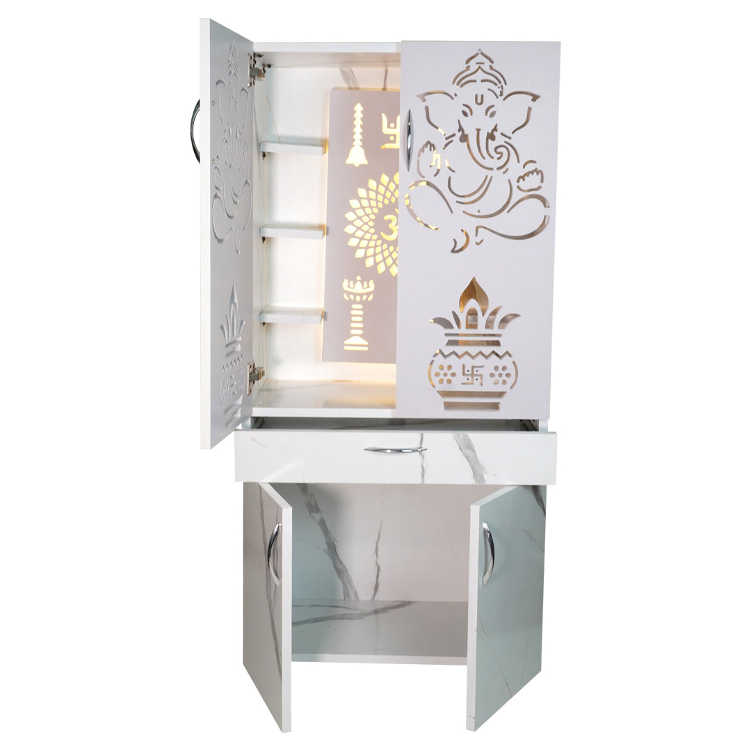 Wooden Mandir for Home with LED Light & Storage | Modern Pooja Cabinet with Ganesh Design & Marble Finish