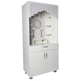 Modern White Wooden Mandir with LED Light & Bell Design – 130x60x34 cm | Home Temple with Storage Cabinet