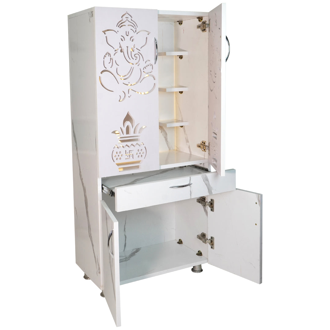 Wooden Mandir for Home with LED Shubh Labh Om Design & Storage | Modern White Pooja Cabinet with Ganesh Door