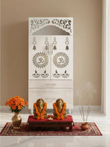 White Wooden Mandir with Dual Drawers & Decorative Jaali Design