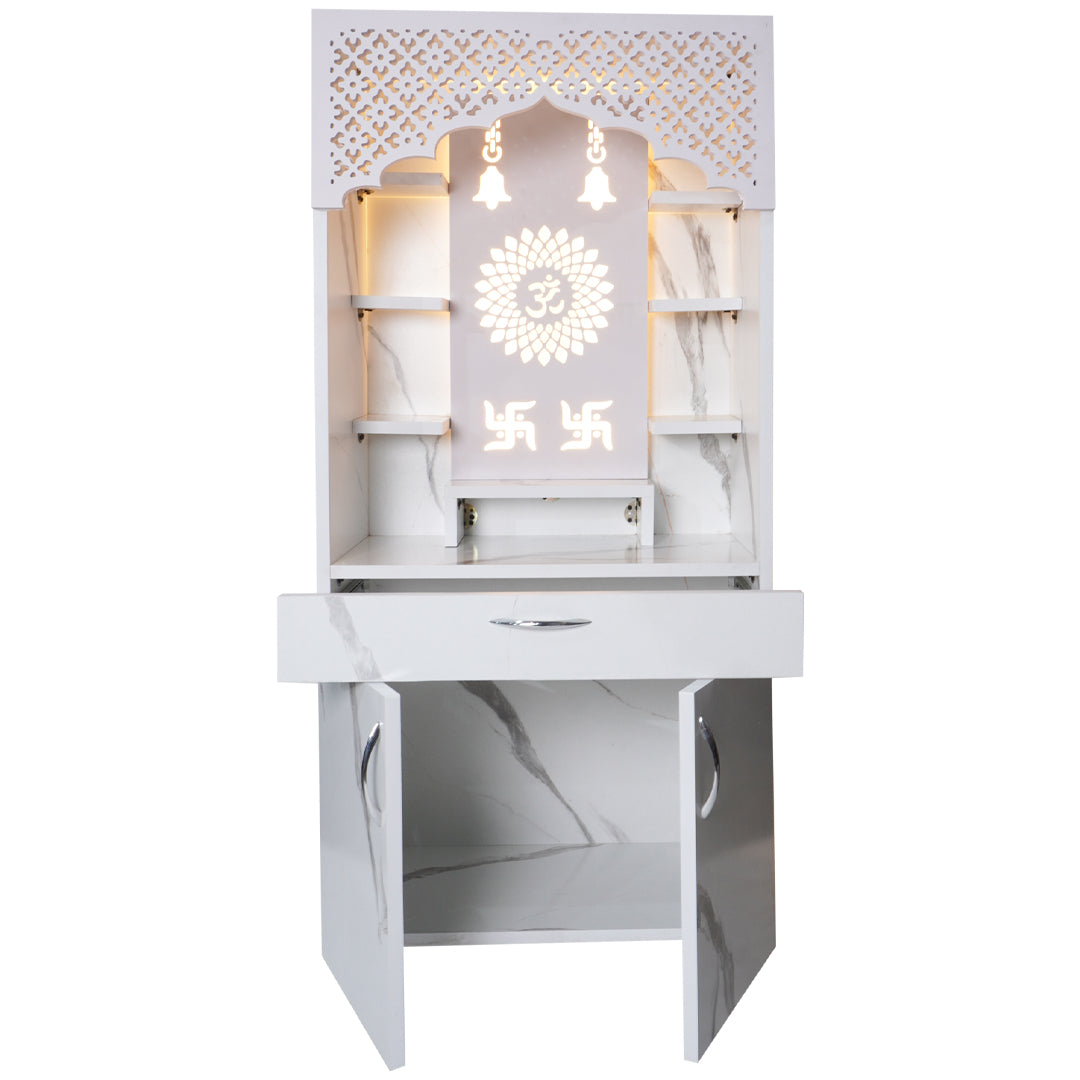 Modern Wooden Mandir with LED Light – White & Brown Finish Temple for Home (130x60x34 cm) | Pooja Mandir with Storage Cabinet