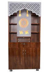 Modern Wooden Mandir with LED Light – White & Brown Finish Temple for Home (130x60x34 cm) | Pooja Mandir with Storage Cabinet