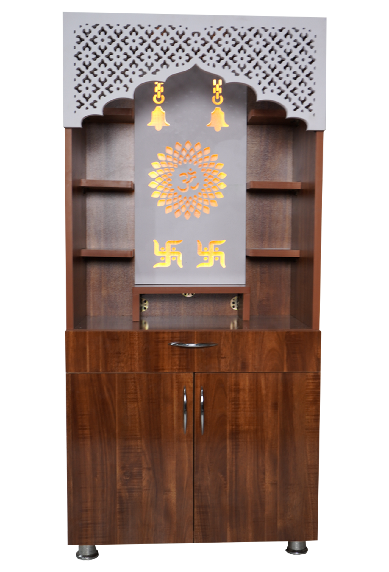 Modern Wooden Mandir with LED Light – White & Brown Finish Temple for Home (130x60x34 cm) | Pooja Mandir with Storage Cabinet