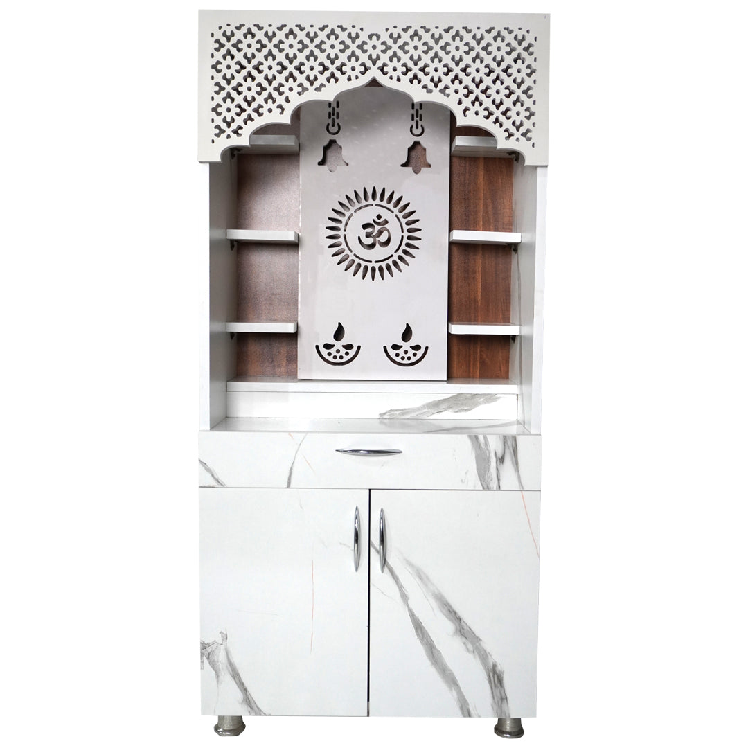 White Marble Finish Wooden Mandir with LED Om Sun Design – 130x60x34 cm | Modern Wooden Temple for Home with Storage