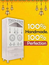 White Wooden Mandir with Dual Drawers & Decorative Jaali Design