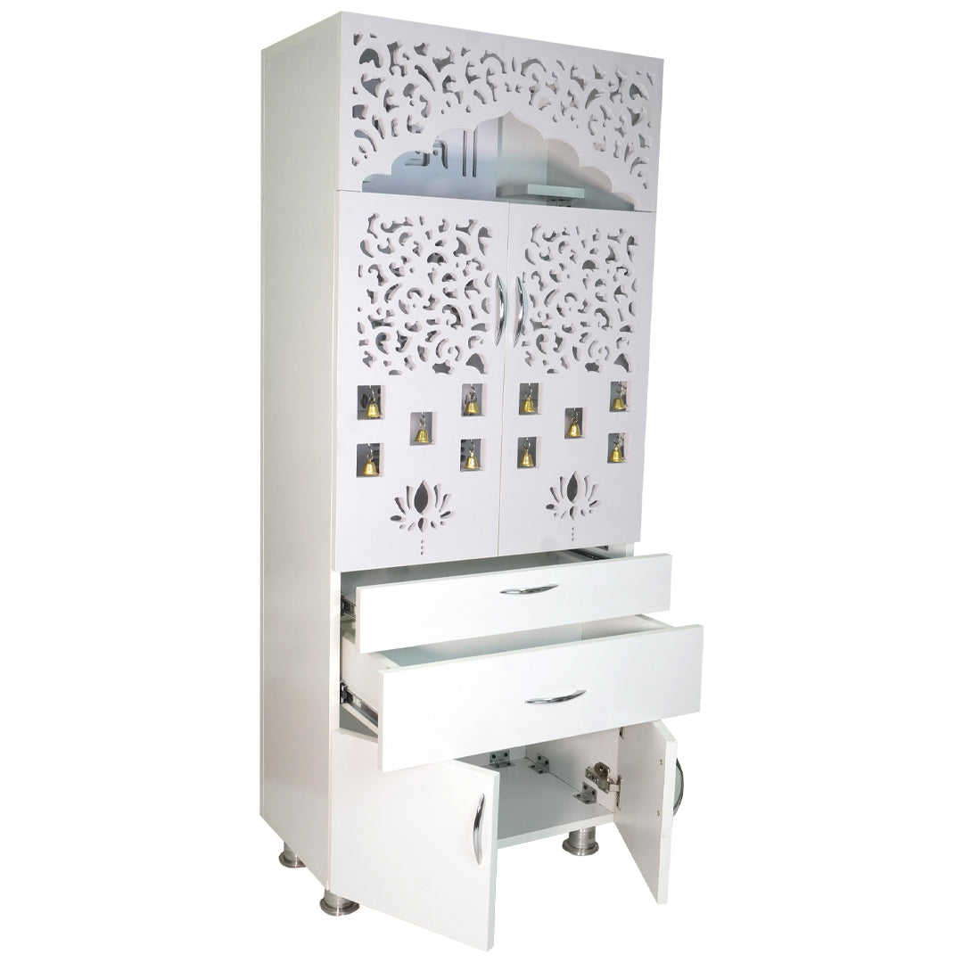 White Wooden Pooja Mandir with LED Light & Storage | Modern Home Temple Cabinet with Drawer & Shelves