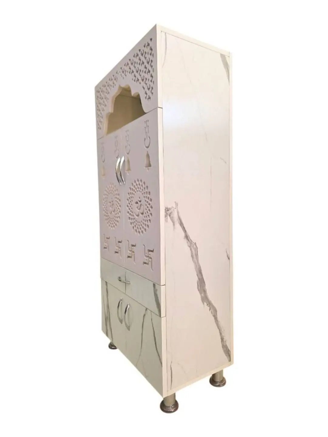 Marble Finish Wooden Mandir with LED Light & Storage – Modern Pooja Mandir for Home (60x35x130 CM) The Mandir Company