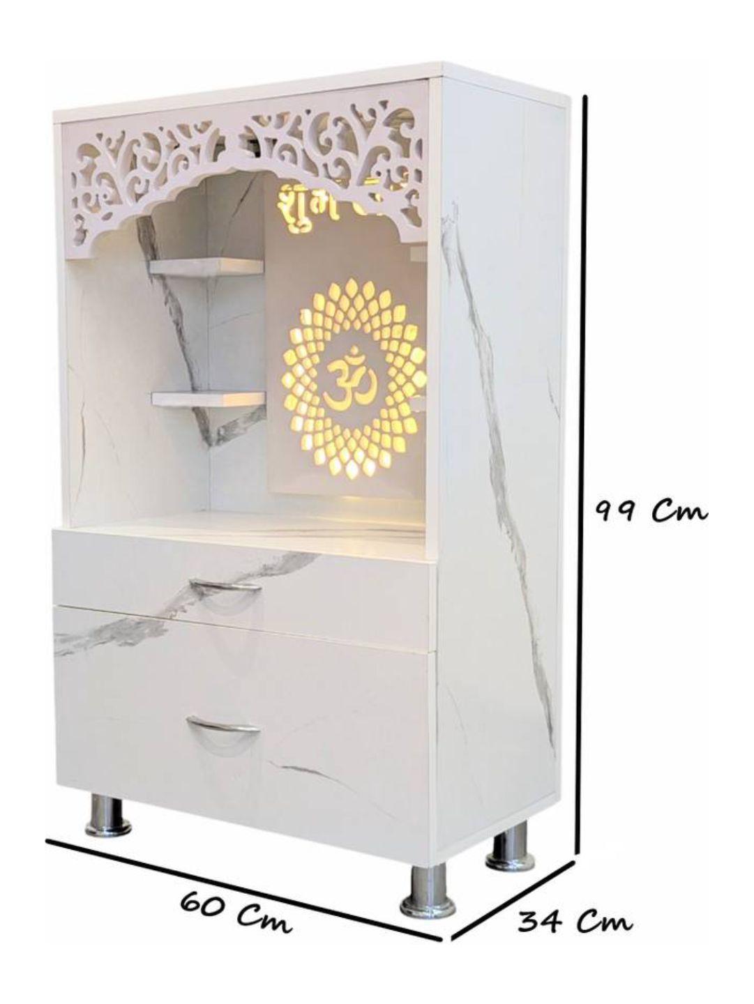 White Marble-Finish Pooja Mandir with LED Backlight