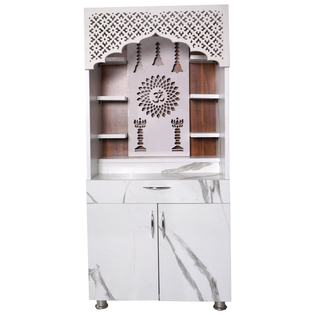 Designer LED Mandir for Home – White Marble Finish Temple with Om & Diya Pillar Design (130x60x34 cm)