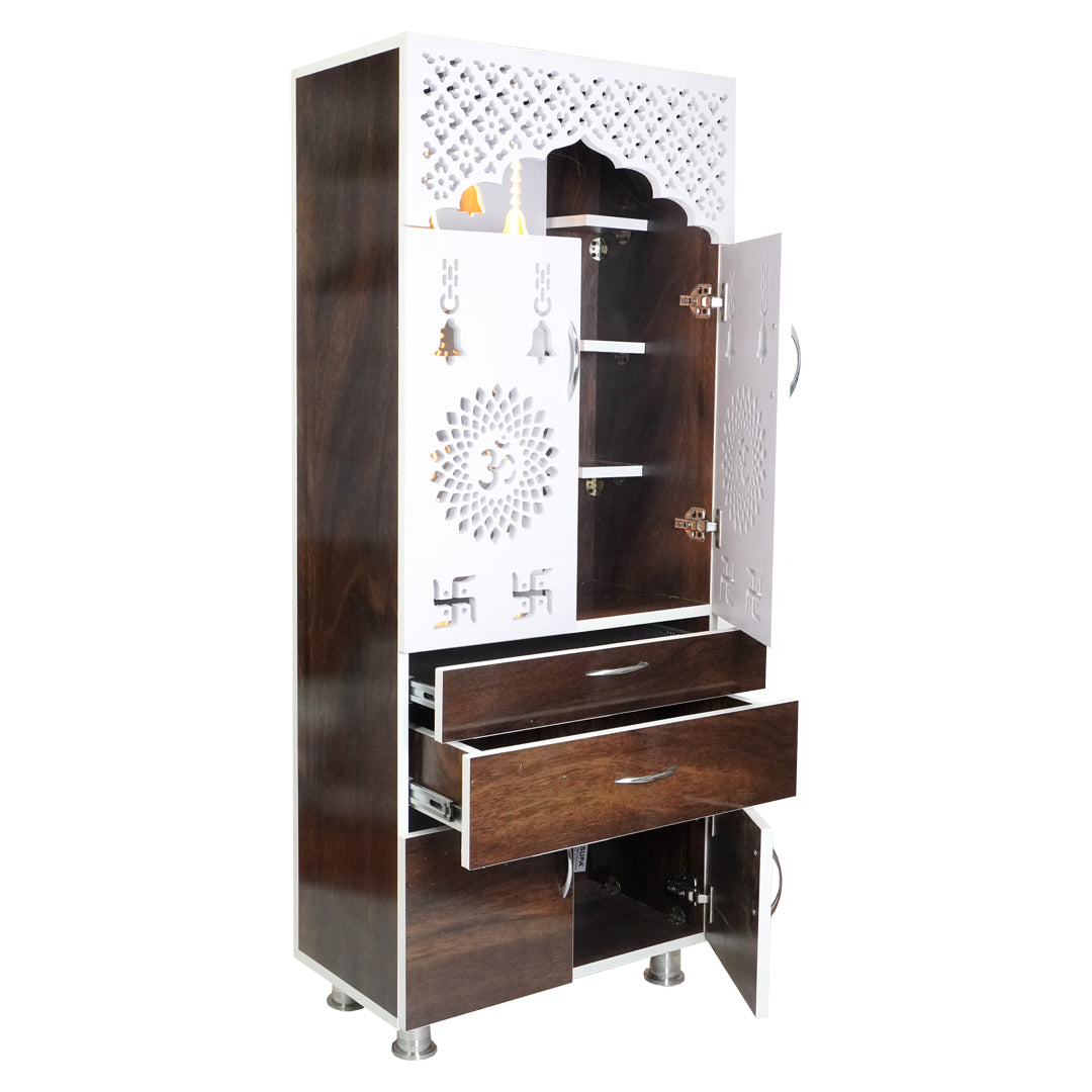 Wooden Home Mandir with LED Light & Storage Drawers – White, Brown & Black Temple Unit (145x60x34 cm) Modern Pooja Cabinet