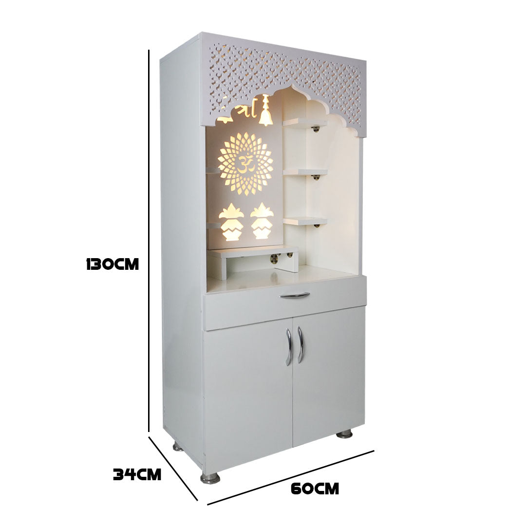 White Wooden Temple for Home with LED Shree & Om Lotus Design | Modern Pooja Mandir with Storage | 130x60x34 cm | The Mandir Company