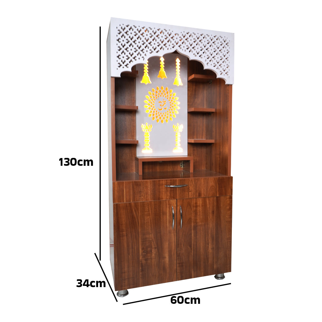 Wooden Mandir with LED Back Panel – White & Brown Finish Pooja Temple for Home (130x60x34 cm) | Designer Mandir with Storage
