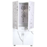 Wooden Mandir for Home with LED Trishul Om Design & Storage | Modern White Pooja Cabinet with Drawer