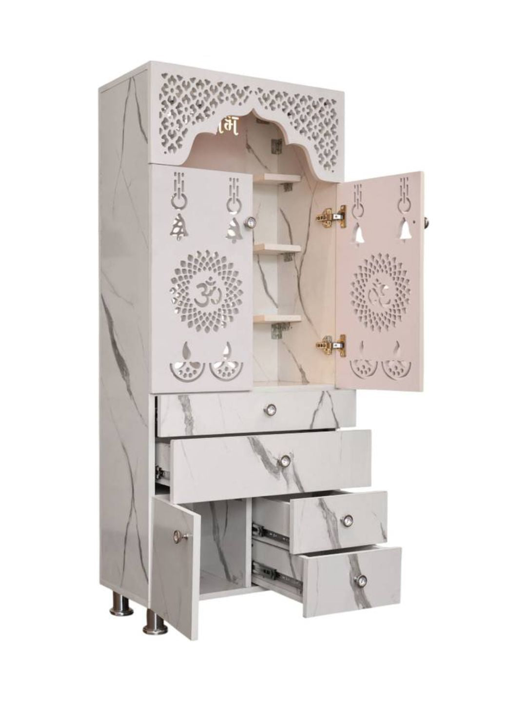 Modern Standing Pooja Mandir With Marble-Finish Design and Decorative Doors