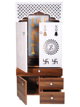 Wooden Pooja Mandir for Home with LED Light & Storage | Modern Temple Cabinet with Drawer & Shelves