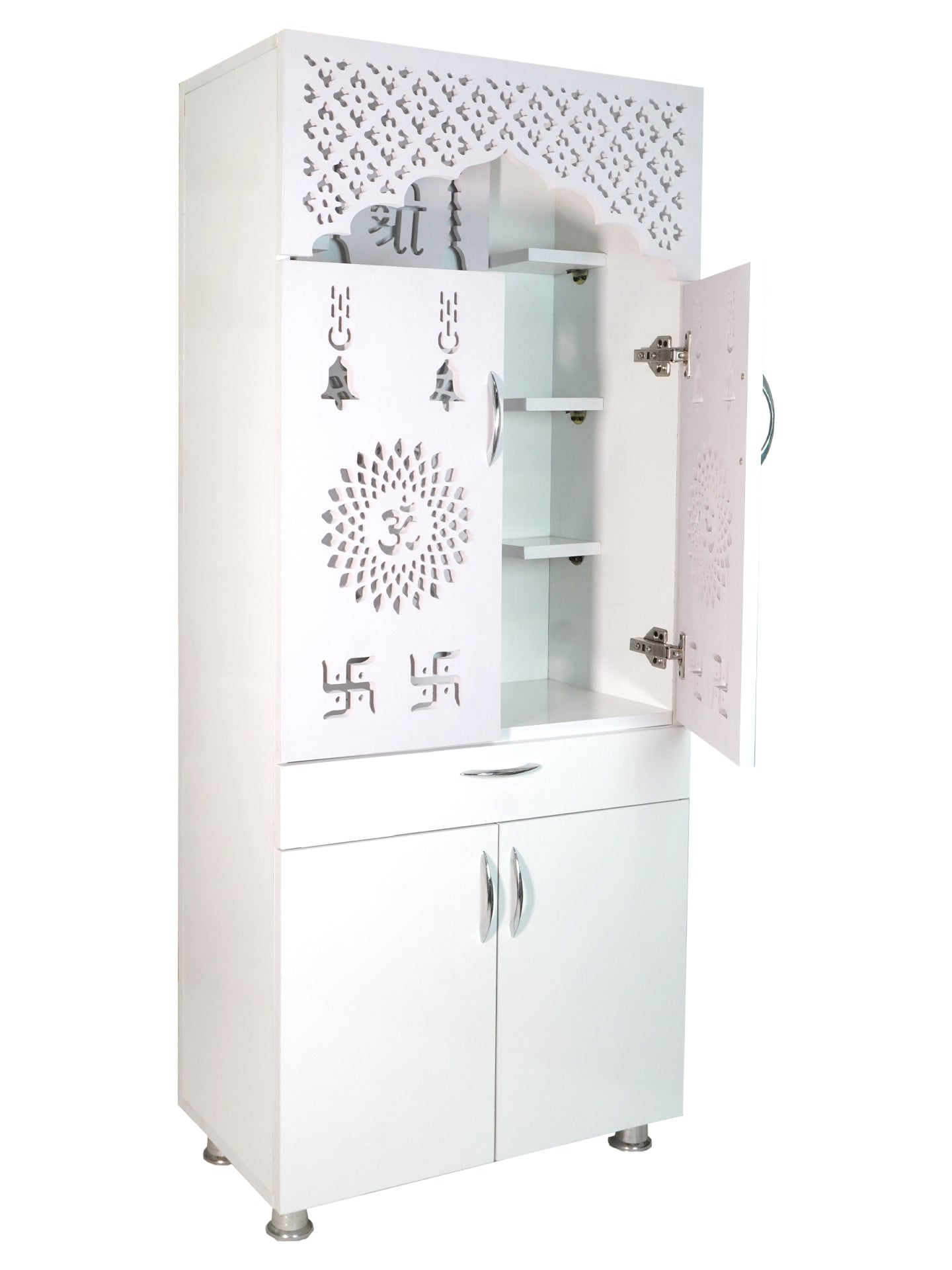Luxury Wooden Mandir for Home with LED Shree Om Panel & Jaali Design | Modern White Pooja Cabinet with Storage Drawer