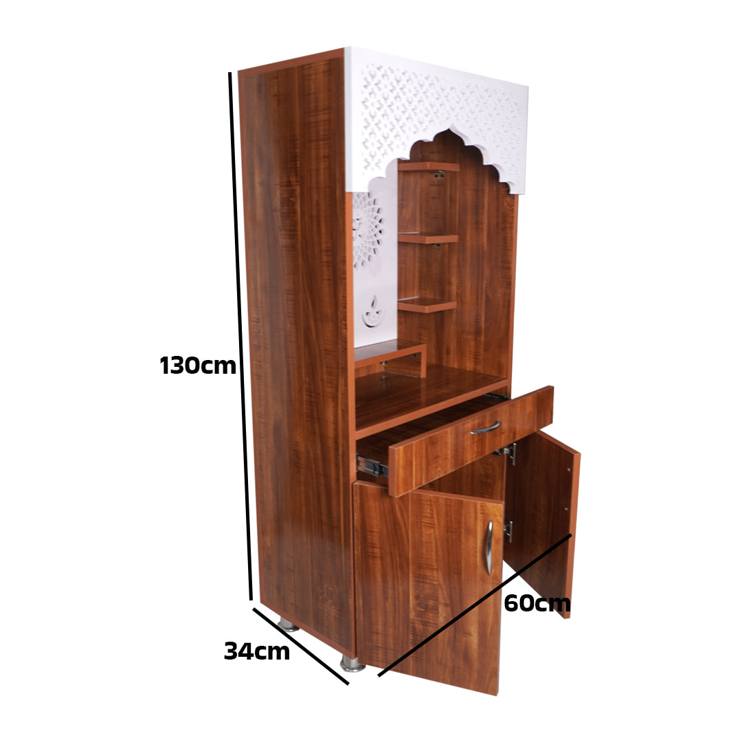 Premium Shubh Labh Wooden Mandir with LED Light – White & Brown Home Temple with Storage (130x60x34 cm)