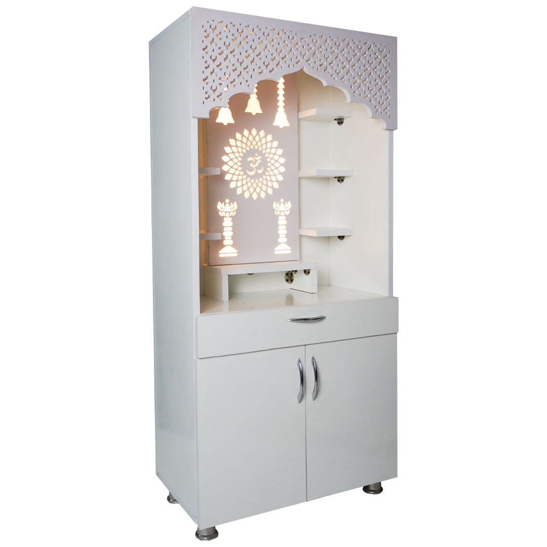 Modern White Wooden Mandir with LED Light & Bell Design – 130x60x34 cm | Home Temple with Storage Cabinet
