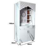 White Marble Finish Mandir with LED Light & Shubh Labh Design – 130x60x34 cm | Modern Wooden Temple for Home with Storage