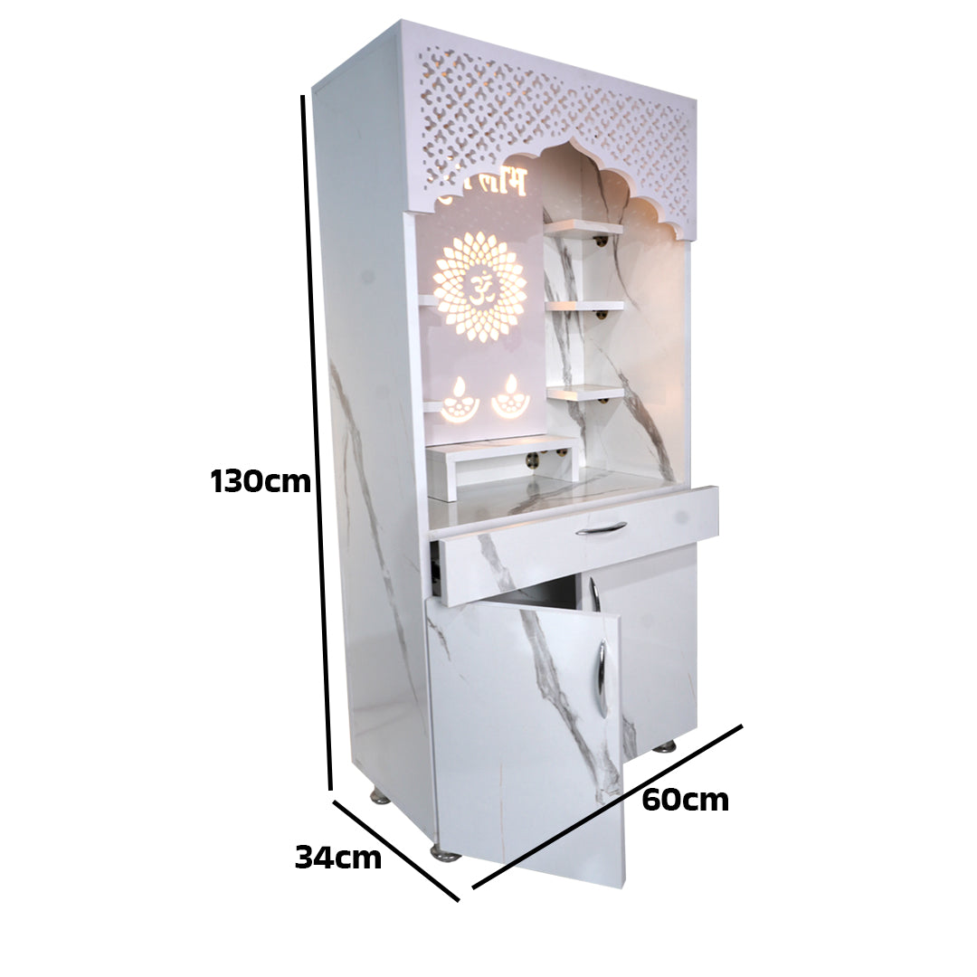 Premium Shubh Labh Wooden Mandir with LED Light – White & Brown Home Temple with Storage (130x60x34 cm)