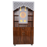 Modern Wooden Mandir with LED Light – White & Brown Finish Temple for Home (130x60x34 cm) | Pooja Mandir with Storage Cabinet