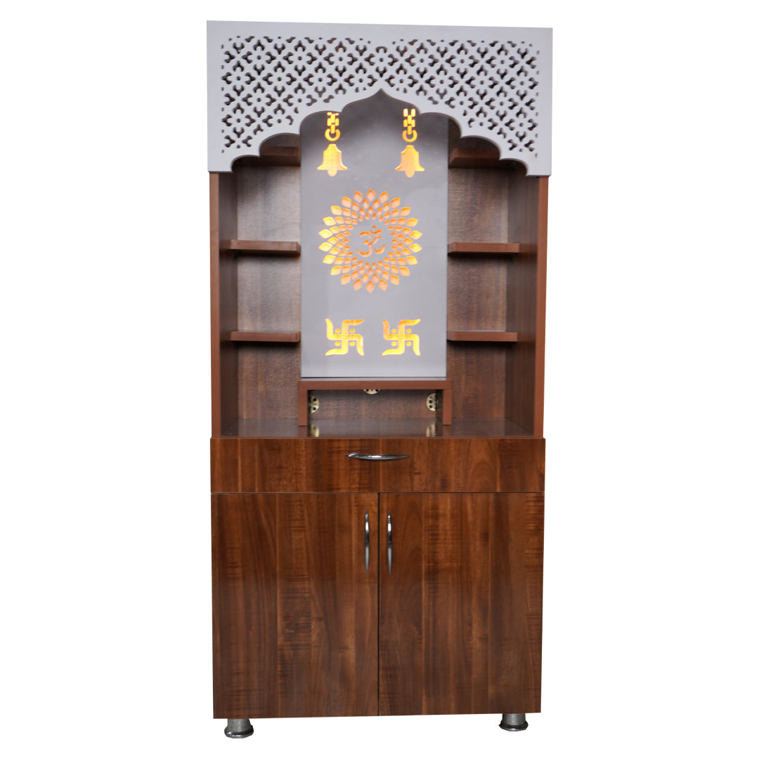 Modern Wooden Mandir with LED Light – White & Brown Finish Temple for Home (130x60x34 cm) | Pooja Mandir with Storage Cabinet