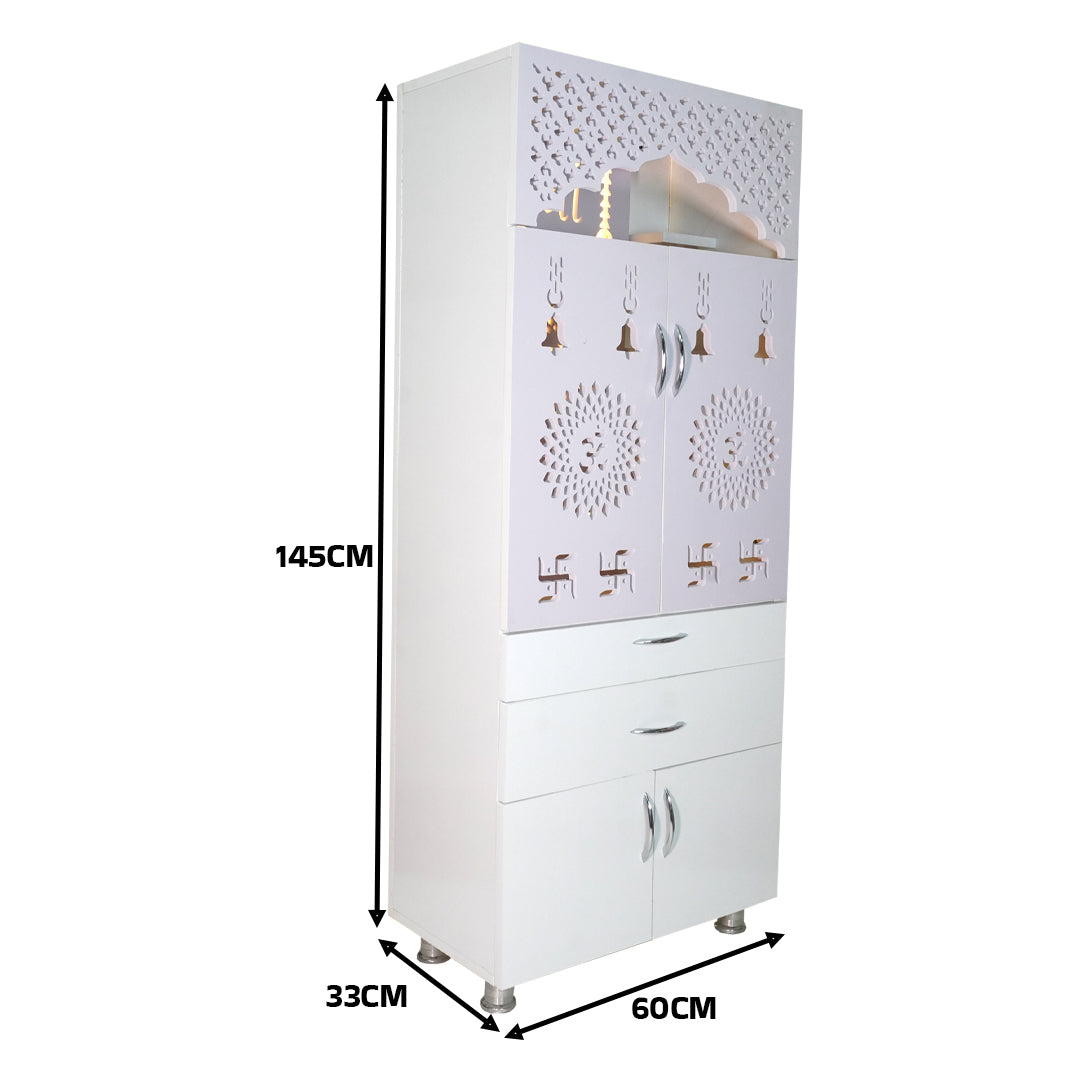 Luxury Wooden Mandir for Home with LED Om Panel & Double Drawer Storage | Modern White Pooja Temple Cabinet