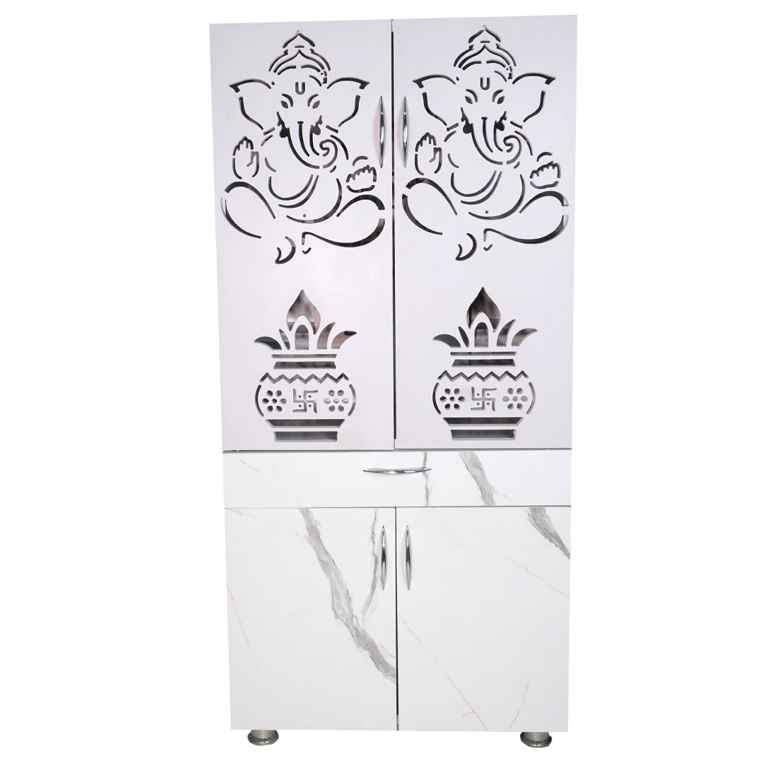 Wooden Mandir for Home with LED Light & Storage | Modern Pooja Cabinet with Ganesh Design & Marble Finish