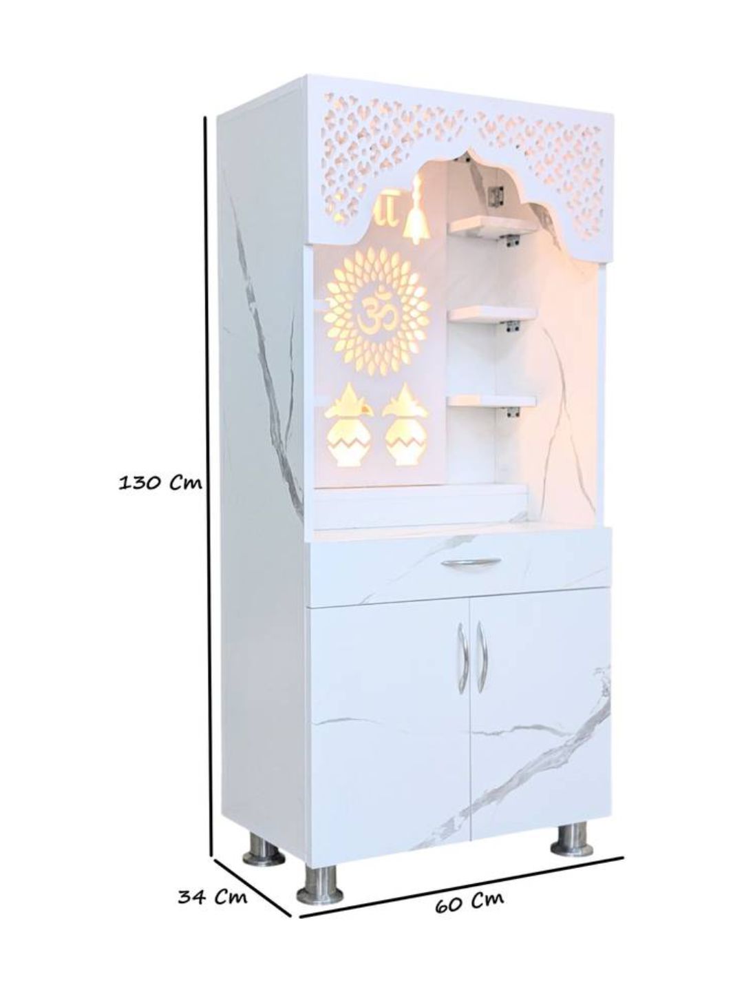 Modern White Pooja Mandir With LED Backlight and Storage