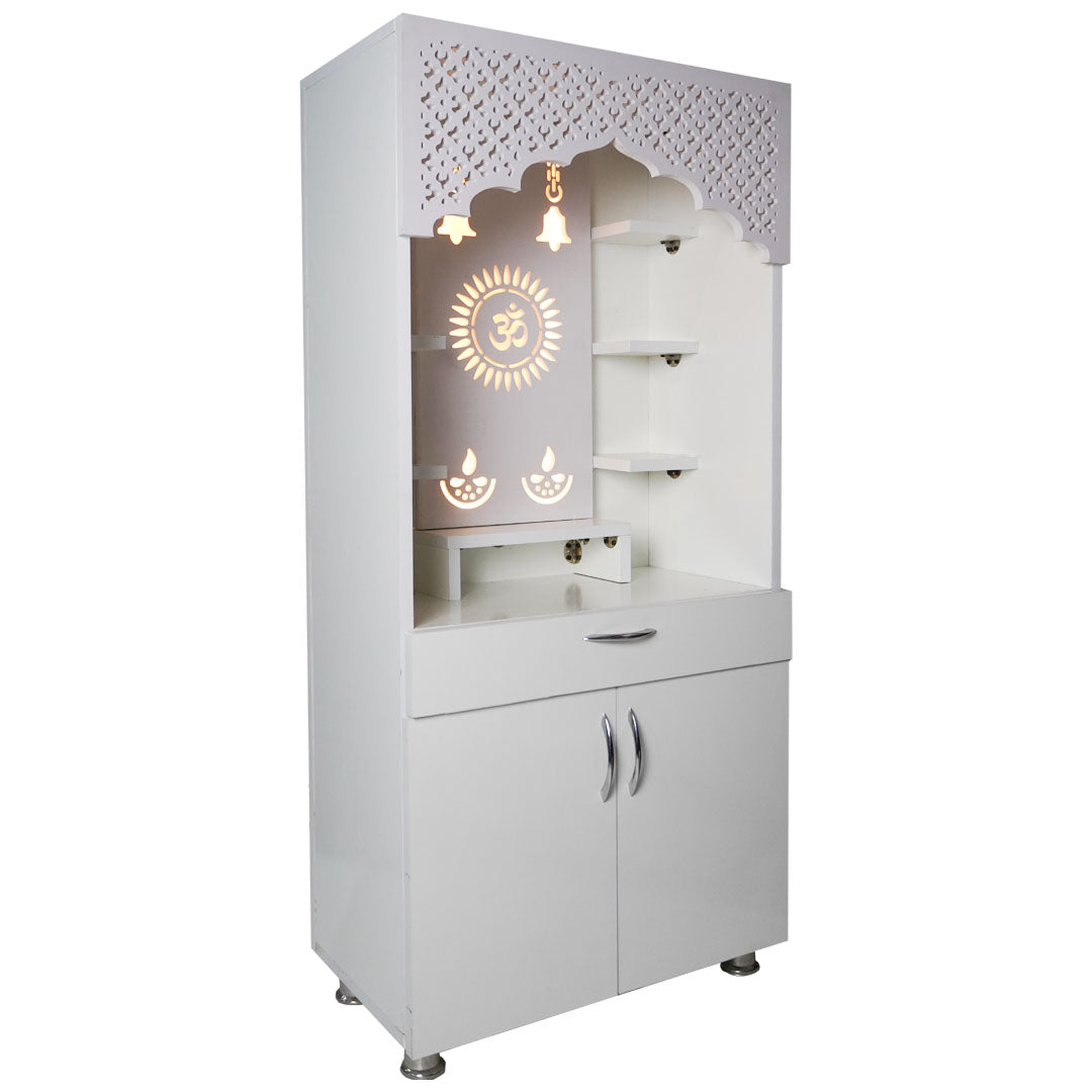 White Wooden Temple for Home with LED Om Design | Modern Pooja Mandir with Storage | 130x60x34 cm | The Mandir Company