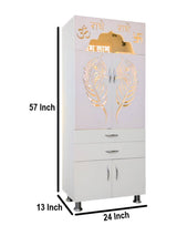 Modern White Standing Pooja Mandir With LED Backlit Jaali Doors