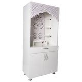 White Wooden Temple for Home with LED Ganesha Design | Modern Pooja Mandir with Storage | 130x60x34 cm | The Mandir Company