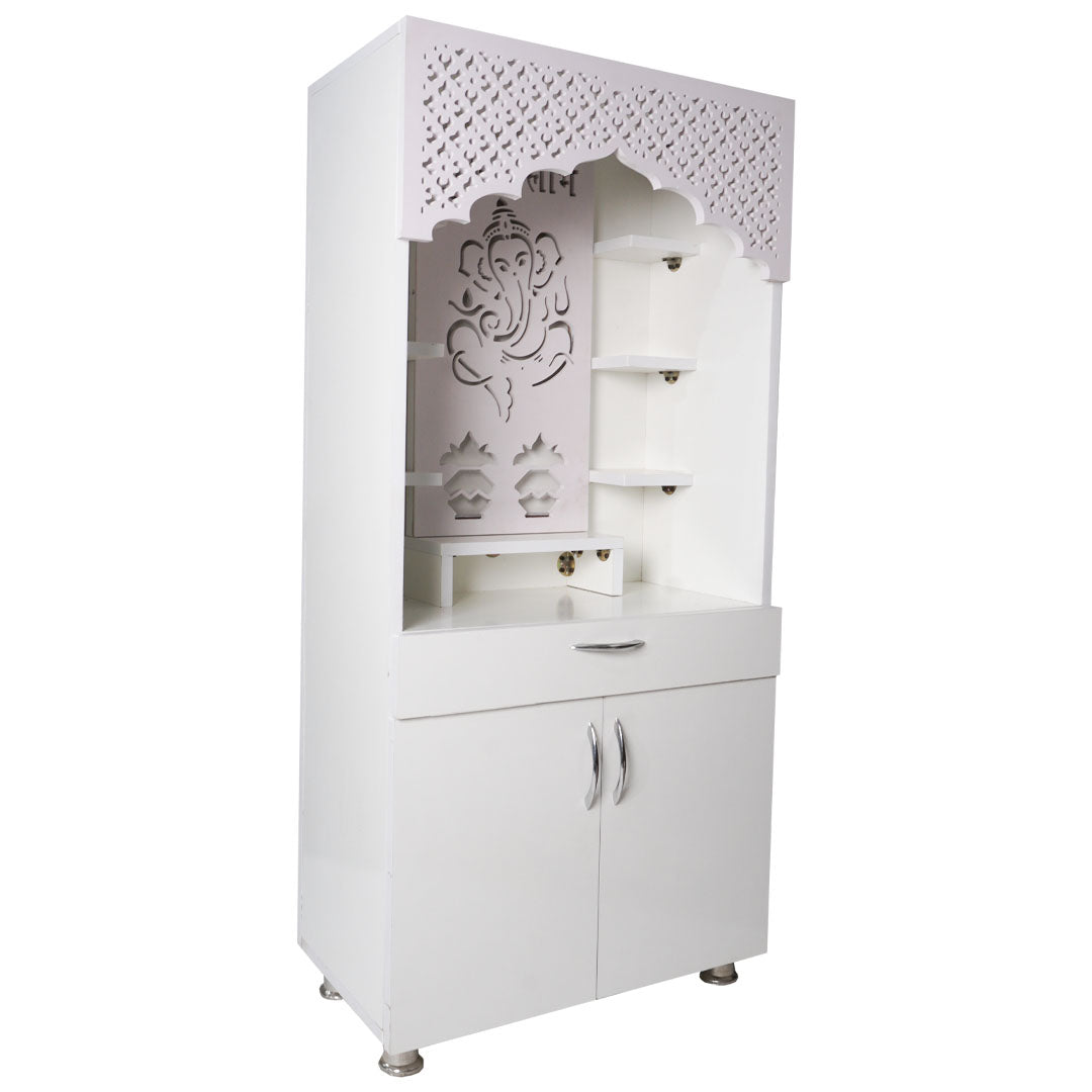 White Wooden Temple for Home with LED Ganesha Design | Modern Pooja Mandir with Storage | 130x60x34 cm | The Mandir Company