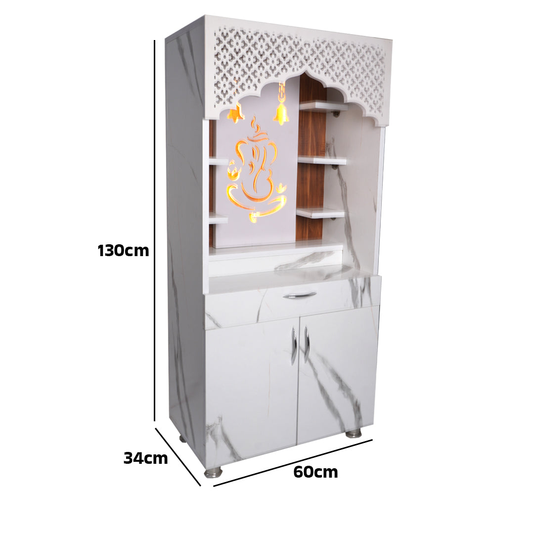 Modern White Marble Finish Mandir with LED Ganesh Design – 130x60x34 cm | Wooden Temple for Home with Storage