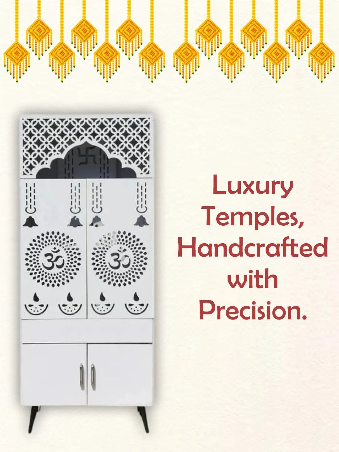 White Wooden Mandir with LED Backlight & Storage