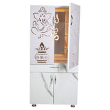Wooden Mandir for Home with LED Trishul Om Design & Storage | Modern White Pooja Cabinet with Drawer
