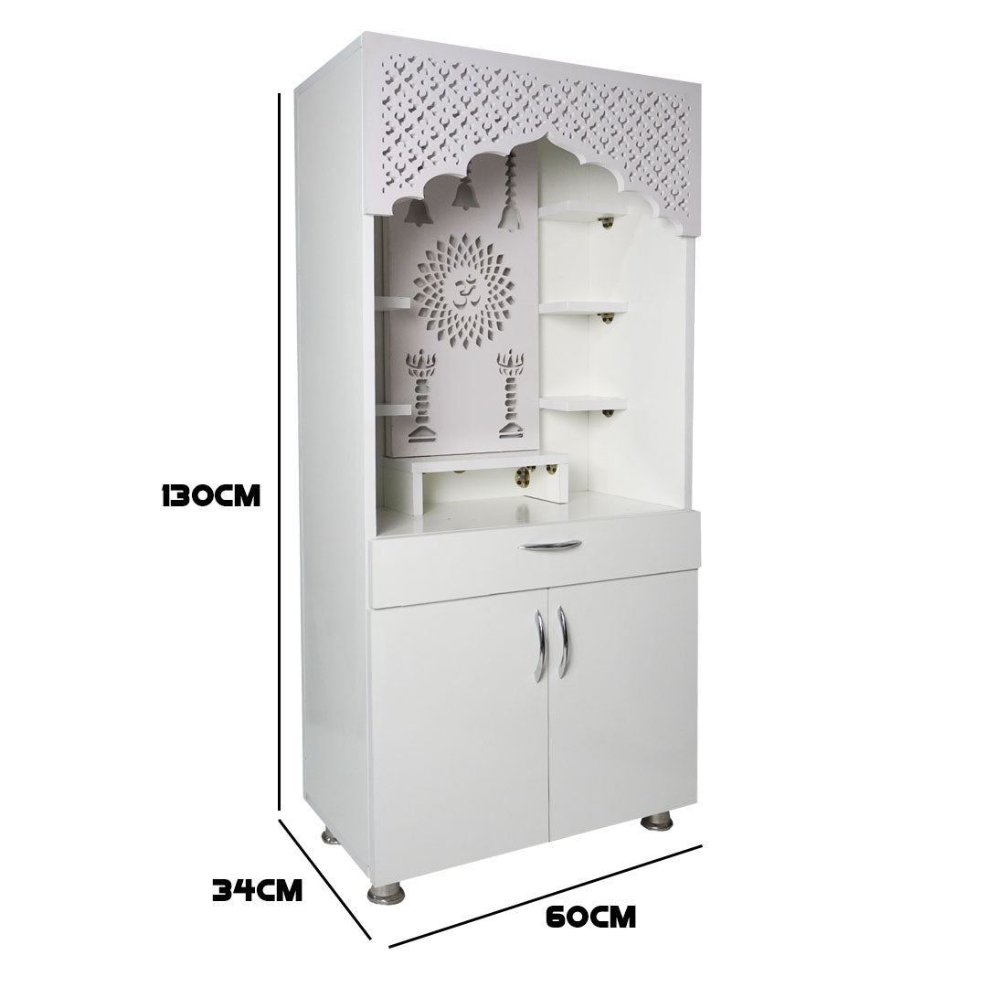 Modern White Wooden Mandir with LED Light & Bell Design – 130x60x34 cm | Home Temple with Storage Cabinet