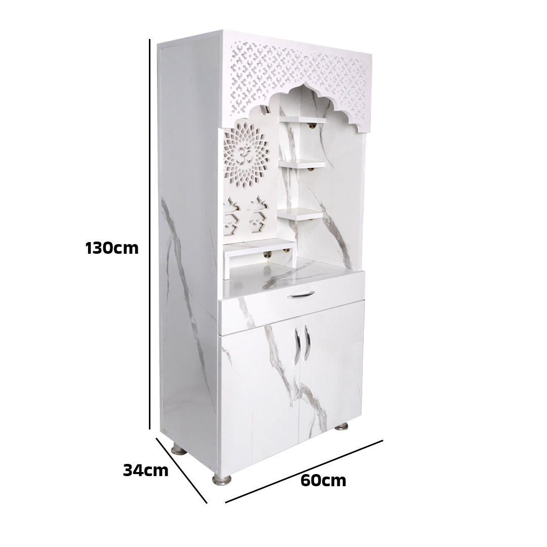 LED Wooden Mandir for Home – White & Brown Finish Temple with Shri Om Design (130x60x34 cm) | Modern Pooja Mandir with Storage