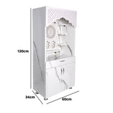 LED Wooden Mandir for Home – White & Brown Finish Temple with Shri Om Design (130x60x34 cm) | Modern Pooja Mandir with Storage
