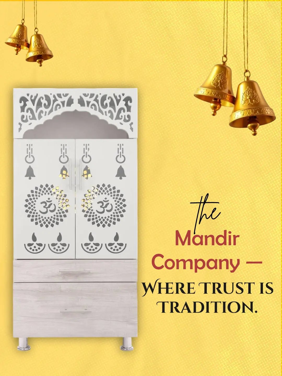 White Wooden Mandir with Dual Drawers & Decorative Jaali Design