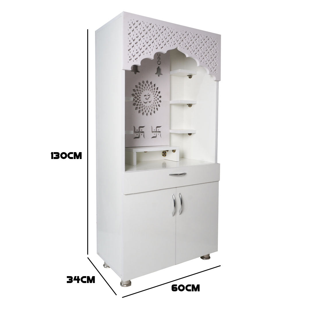 Modern White Wooden Mandir with LED Light – 130x60x34 cm | Home Temple with Storage Drawer & Shelves