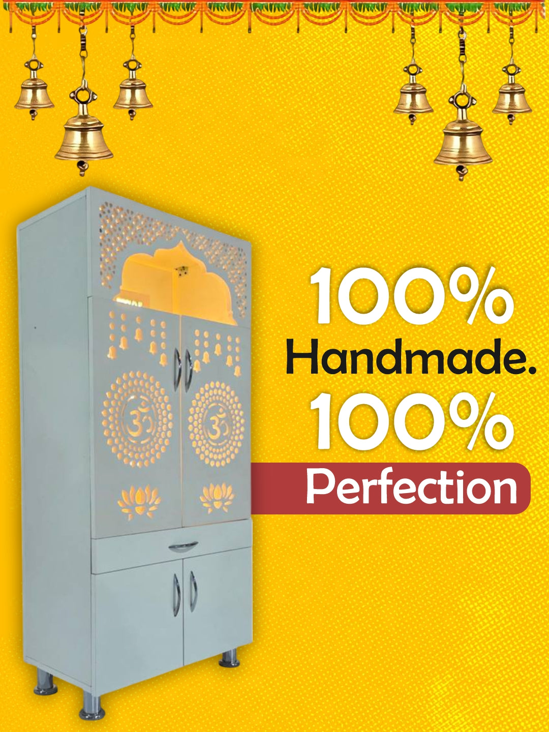 Designer Wooden Pooja Mandir with LED Backlight & “Om” Engraving