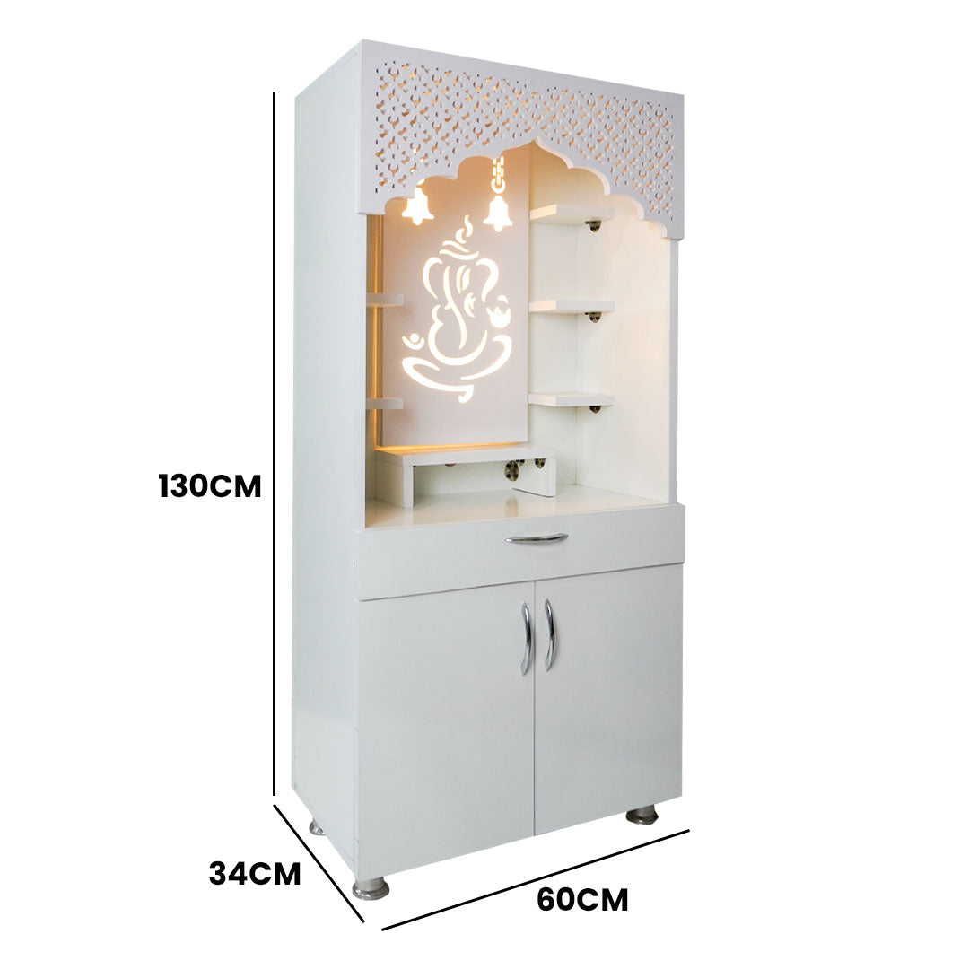 White Wooden Temple for Home with LED Light | Modern Pooja Mandir with Storage | 130x60x34 cm | The Mandir Company