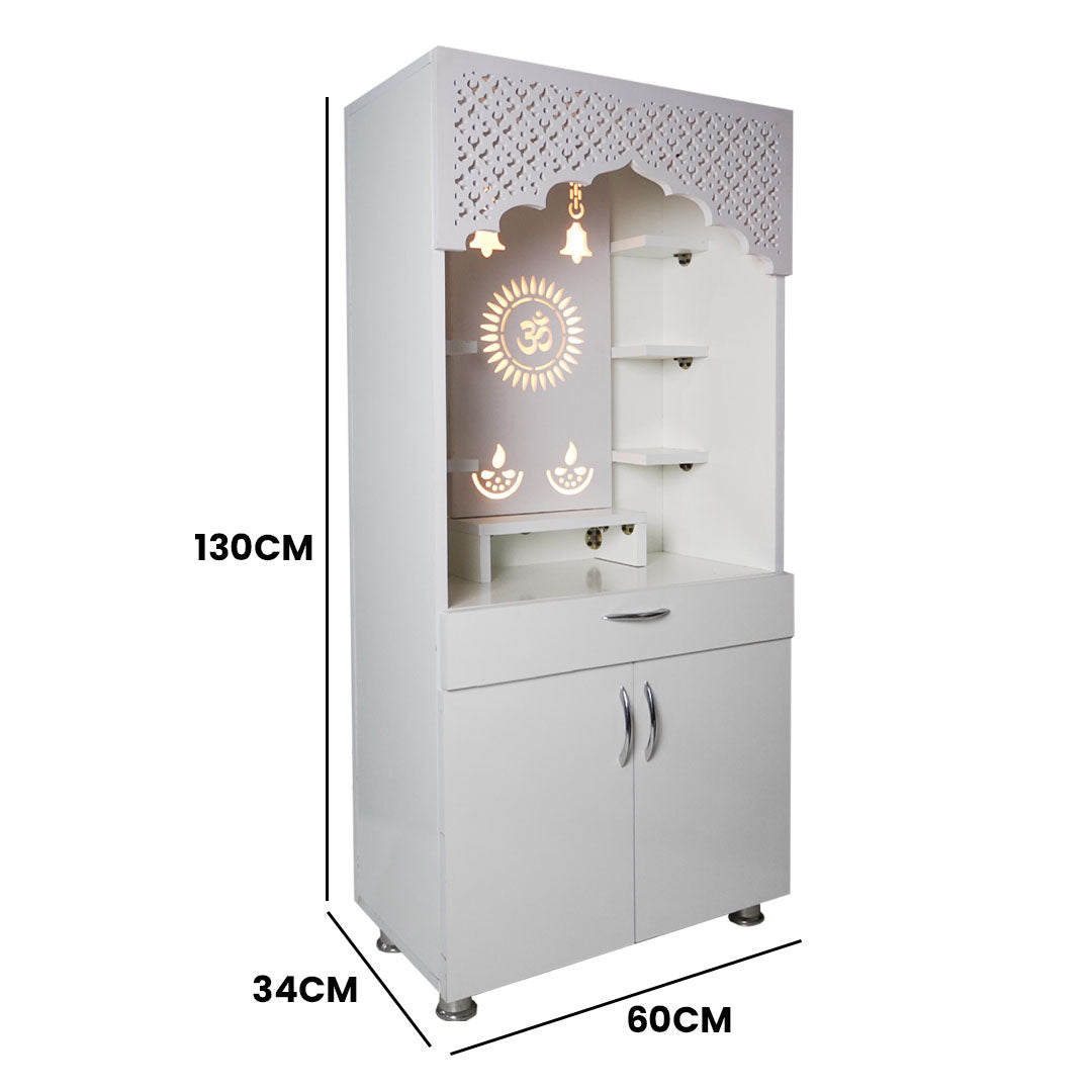 White Wooden Temple for Home with LED Om Design | Modern Pooja Mandir with Storage | 130x60x34 cm | The Mandir Company