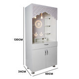 White Wooden Temple for Home with LED Om Design | Modern Pooja Mandir with Storage | 130x60x34 cm | The Mandir Company