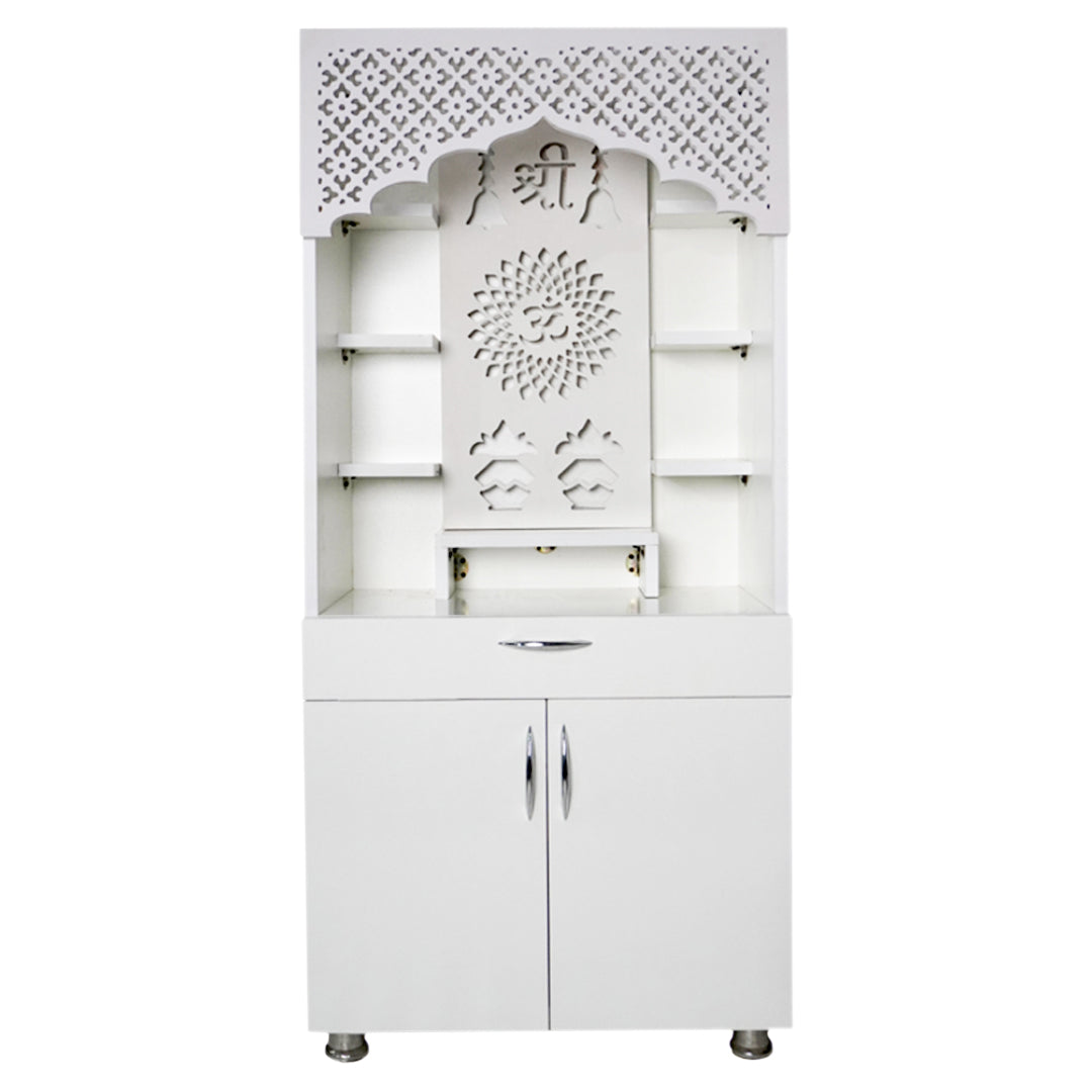 White Wooden Temple for Home with LED Shree & Om Lotus Design | Modern Pooja Mandir with Storage | 130x60x34 cm | The Mandir Company