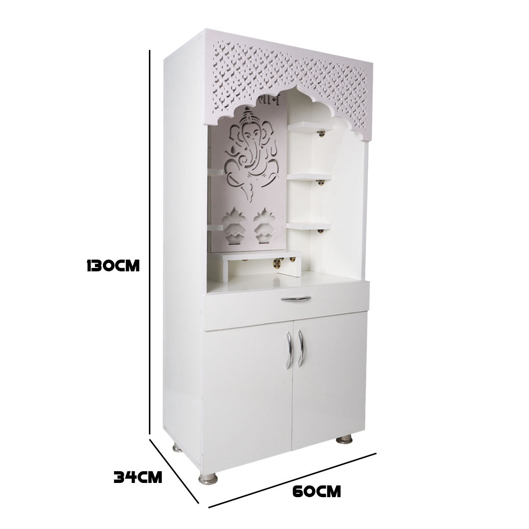 White Wooden Temple for Home with LED Ganesha Design | Modern Pooja Mandir with Storage | 130x60x34 cm | The Mandir Company