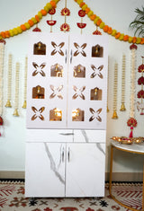 Designer Wooden Mandir for Home with LED Ganesh & Shubh Labh Panel | Premium White Pooja Cabinet with Multi Bells & Storage